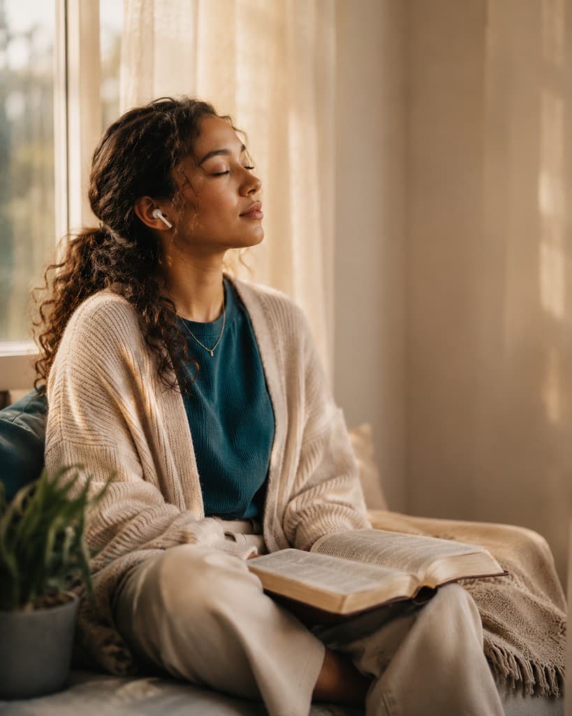 A person listening to Scripture songs with earbuds while reading the Bible